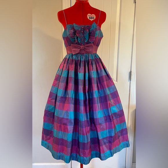 1960s / 1950s VTG Blue Purple Plaid Tuxedo Bodes Fit & Flare Sundress - Picture 7 of 9